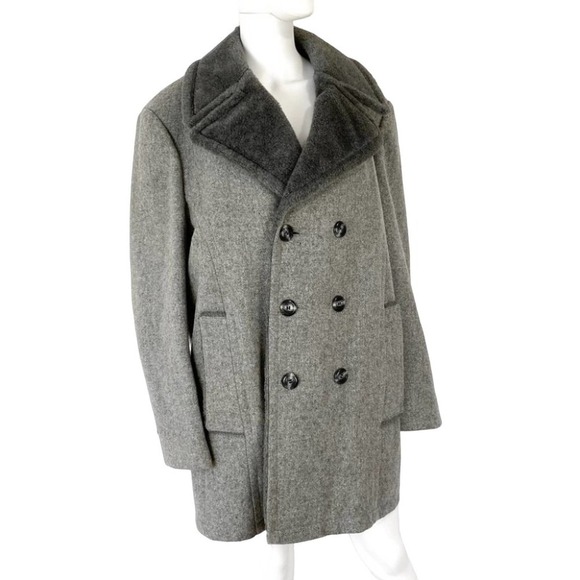 VINTAGE MENS FLEECE LINED DOUBLE BREASTED WOOL OVERCOAT 1970’s SZ 44 - Picture 2 of 11